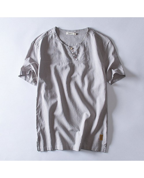 Mens Summer Cotton Linen Solid Color Short Sleeve Comfy Casual T Shirts