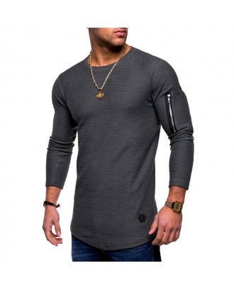 Mens Breathable Solid Color Irregular Hem Zipper O-neck Long Sleeve Slim Casual T Shirts
