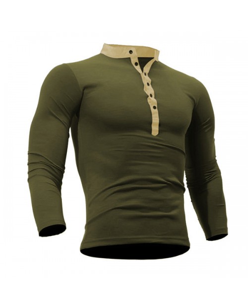 Mens Cotton Stand Collar T-shirt Buttons Breathable Long Sleeve Solid Color Tops