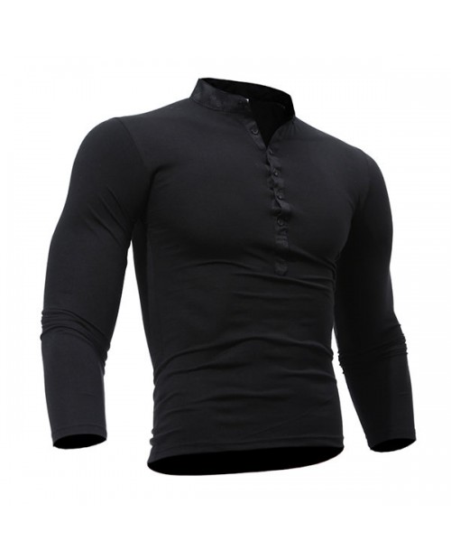 Mens Cotton Stand Collar T-shirt Buttons Breathable Long Sleeve Solid Color Tops