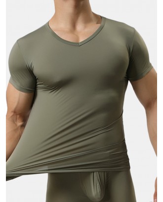 Mens Sports Bottoming Shirt Home Wear T-shirt Comfy Lycra Elastic Solid Color Breathable Tops