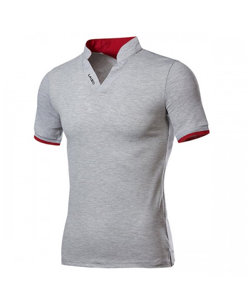 Mens Fashion Chinese Collar V-neck Solid Color Short Sleeve Casual T-shirt