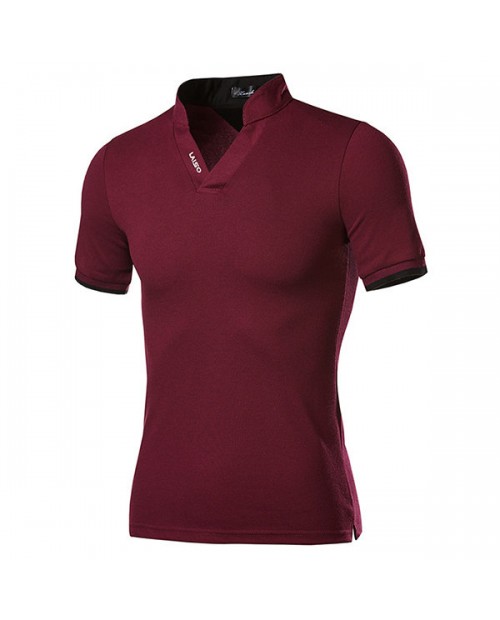 Mens Fashion Chinese Collar V-neck Solid Color Short Sleeve Casual T-shirt