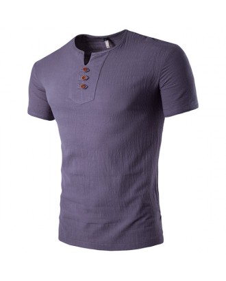 Mens Summer Linen Solid Color Short Sleeve T-shirt V-neck Button Top Tee