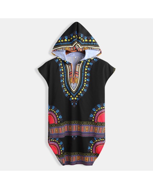 Mens National Style Printing Hooded Short Sleeve Casual Mid-long Hoodies T shirt