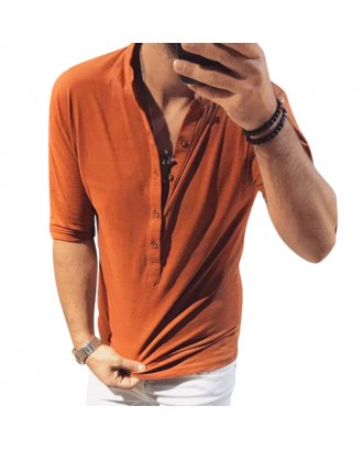 Mens Casual Henry Collar Solid Color Slim Half Sleeve T-Shirts