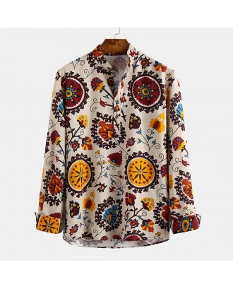 Mens Ethnic Style Floral Printing Long Sleeve Loose Casual Henley Shirts