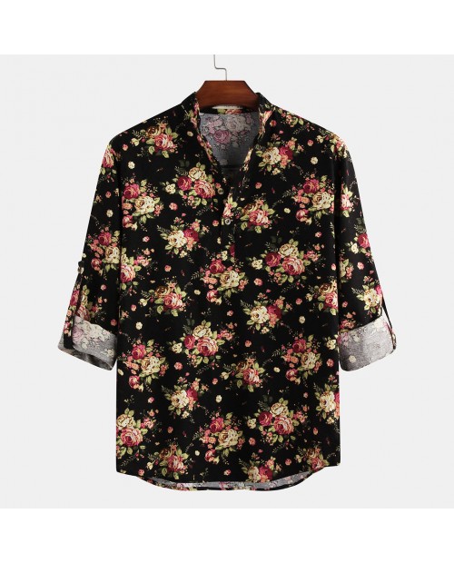 Mens Ethnic Style Floral Printing Long Sleeve Loose Casual Henley Shirts