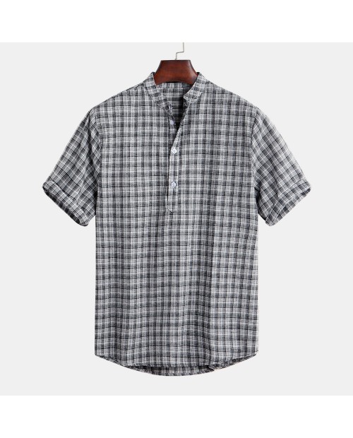 Mens Plaid Printed Stand Collar Short Sleeve Loose Casual Henley Shirts