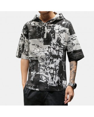 Mens Chinese Style Vintage Printing Short Sleeve Hooded Pullover Henley Shirts