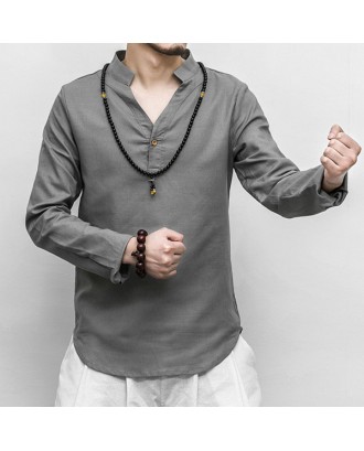 Mens Spring Fall Vintage Chinese Style Stand Collar Solid Color Loose Casual T Shirts