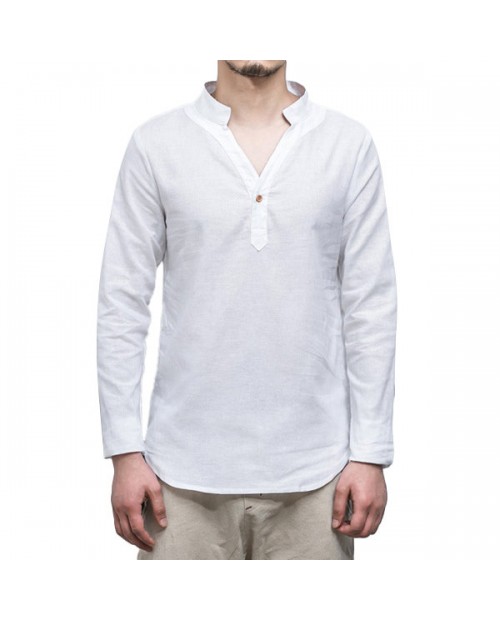 Mens Spring Fall Vintage Chinese Style Stand Collar Solid Color Loose Casual T Shirts
