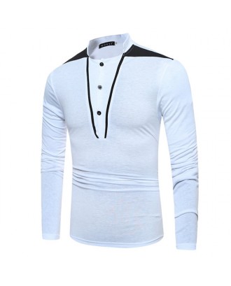 Mens Fashion Patchwork Button Long Sleeve Stand Collar Cotton Casual T-Shirt