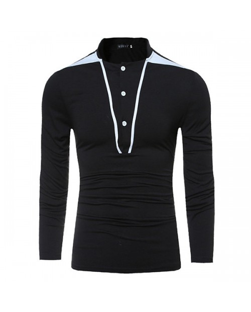 Mens Fashion Patchwork Button Long Sleeve Stand Collar Cotton Casual T-Shirt