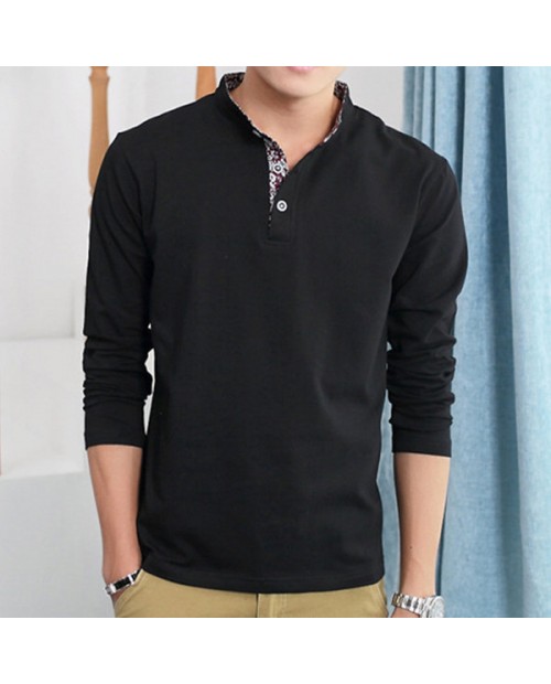 Mens Fashion Stand Collar Solid Long Sleeve Casual T-shirt