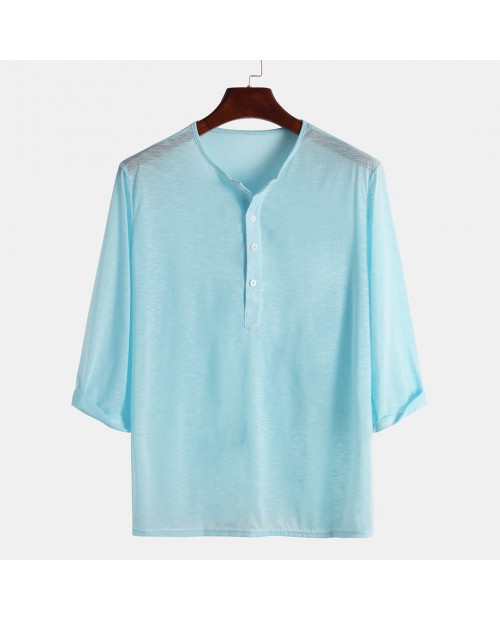 Mens Comfortable Casual Home Wear Solid Color Half Sleeve Shirt