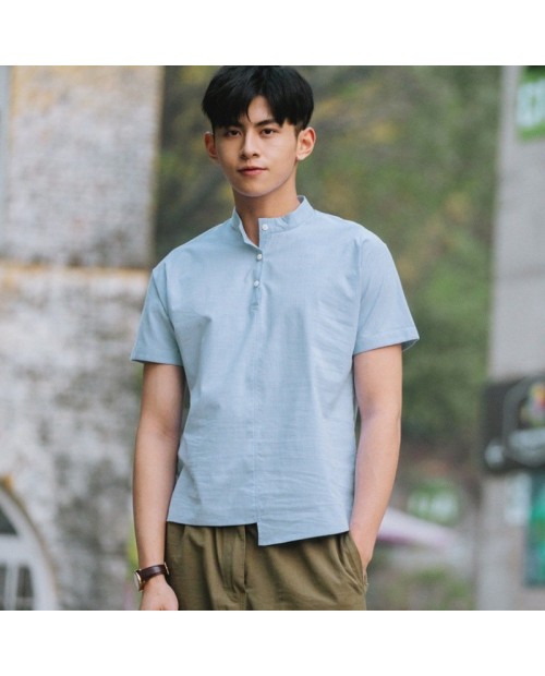 Mens Fashion Irregular Hem Summer Thin Short Sleeve Solid Color Casual Henley Shirts