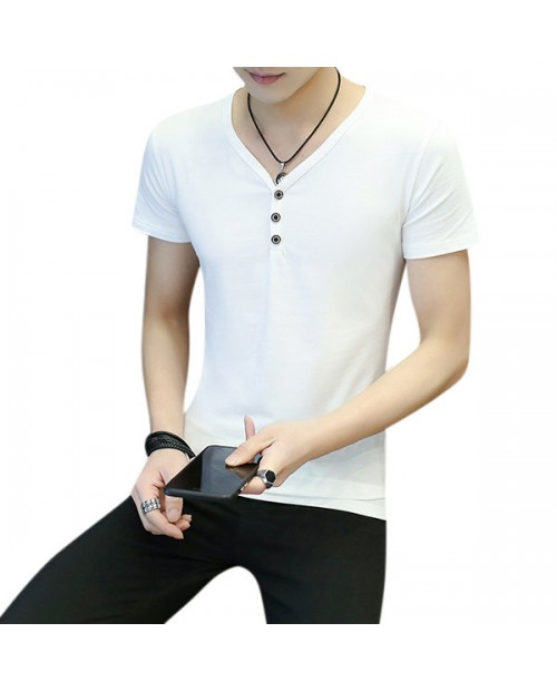 Mens Summer Thin Button Design Tees Solid Color V-neck Short Sleeve Casual Cotton Soft T Shirts