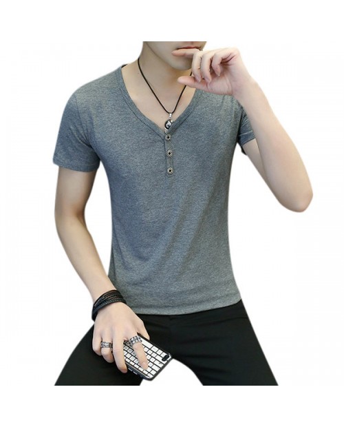 Mens Summer Thin Button Design Tees Solid Color V-neck Short Sleeve Casual Cotton Soft T Shirts