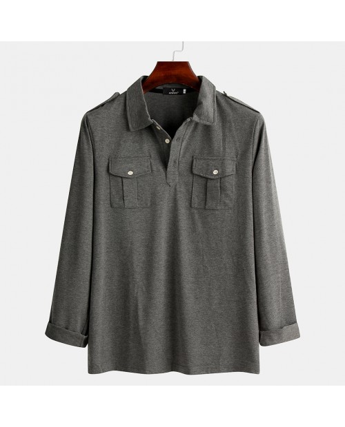 Mens Solid Color Chest Pockets Long Sleeve Casual Henley Shirts