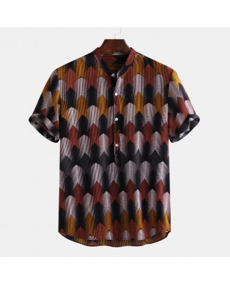 Mens Funny Ethnic Printed Stand Collar Short Sleeve Loose Henley Shirts