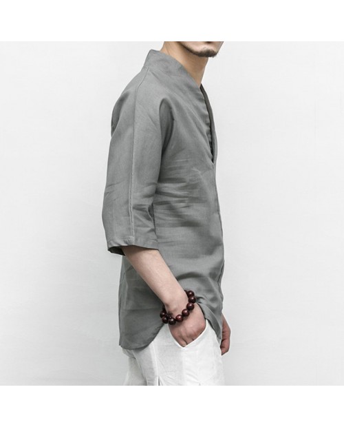 Mens Vintage Chinese Style Cotton Linen Solid Color Half Sleeve V-neck Casual Loose T Shirts