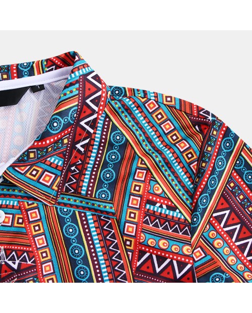 Mens Ethnic Style Stripe Printed Summer Short Sleeve Casual Fashion Henley Shirts