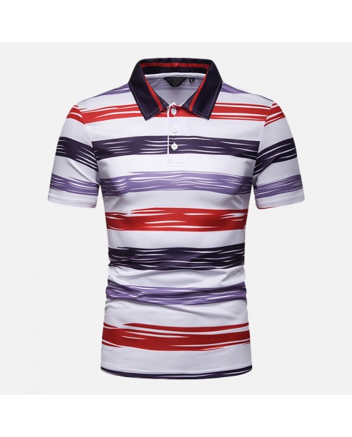 Mens Multi Color Striped Comfy Turn Down Collar Short Sleeve Golf Shirts