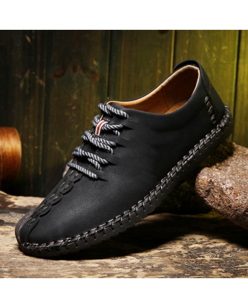 Men British Style Retro Stiching Soft Sole Lace Up Flat Cap-toe Shoes