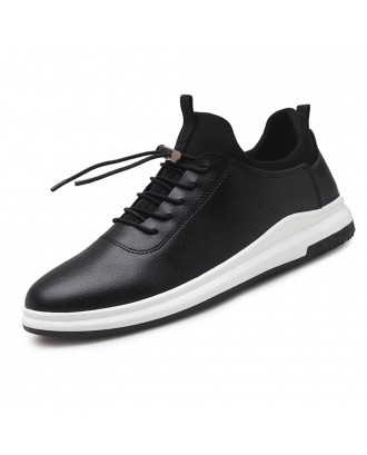 Men Pure Color Leather Elastic Lace Sport Casual Walking Sneakers