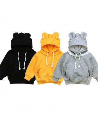 Pure Color Cute Ears Boys Girls Hooded Thick Sweatshirts Tops For 1Y-7Y