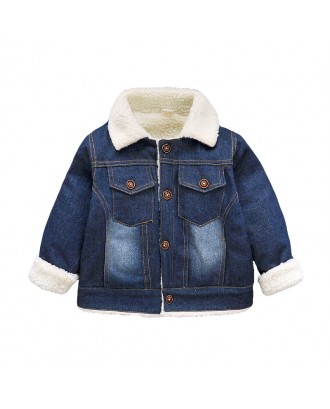 Toddler Boy Girl Winter Coat Plush Thicken Lapel Denim Jacket For 1-5Y