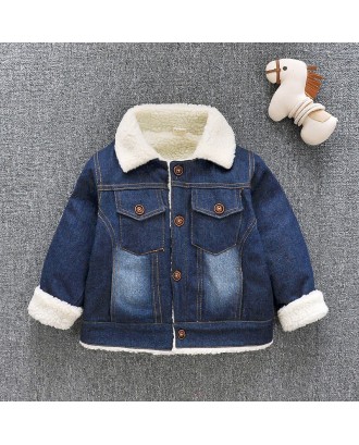 Toddler Boy Girl Winter Coat Plush Thicken Lapel Denim Jacket For 1-5Y