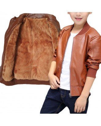 Boys Leather Jacket Toddler Kids Thicken Fleece Winter Coats For 2-15Y