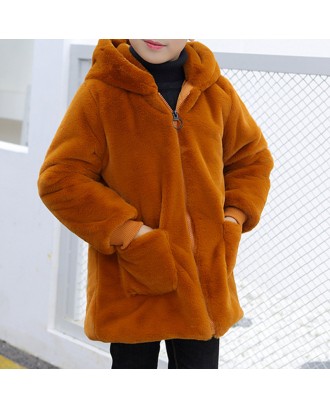 Thicken Fleece Girls Hooded Pockets Winter Coats For 3Y-15Y