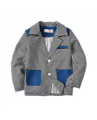 Striped Print Boys Coats Turn-Down Collar Jacket For 4Y-13Y