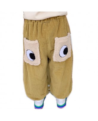 Toddler Eyes Pattern Patchwork Casual Corduroy Pants With Open Crotch For 1-7Y