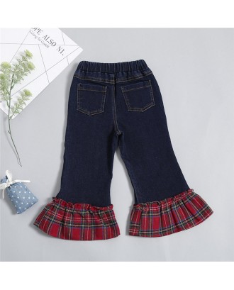 Toddler Plaid Patchwork Pocket Bell-bottoms Pants For 1-7Y