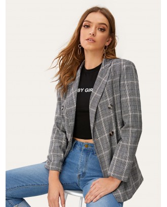 Notch Collar Double Breasted Plaid Blazer