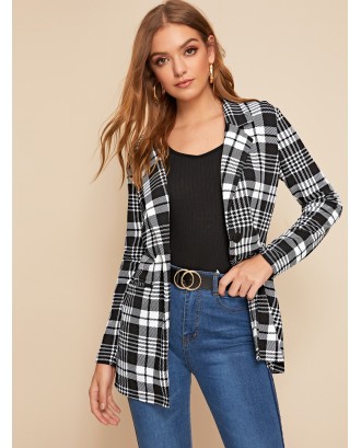Single Buttoned Notched Collar Plaid Blazer