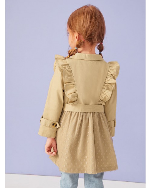 Toddler Girls Embroidery Mesh Panel Ruffle Trench Coat