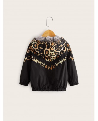 Toddler Girls Contrast Leopard Panel Hooded Windbreaker Jacket