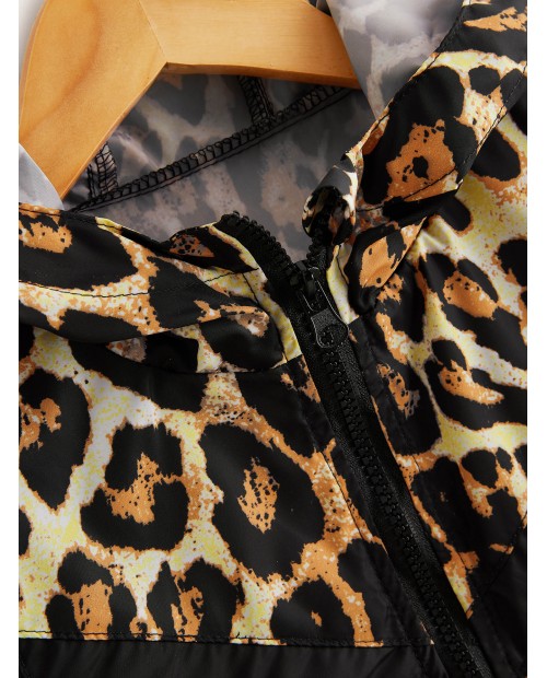 Toddler Girls Contrast Leopard Panel Hooded Windbreaker Jacket