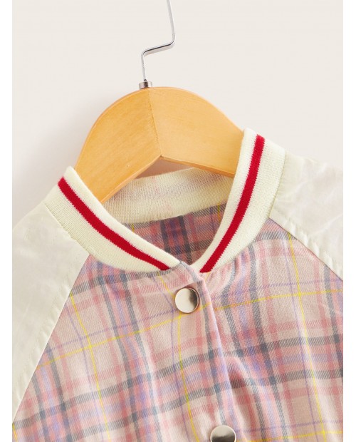 Toddler Girls Contrast Sleeve Tartan Baseball Jacket