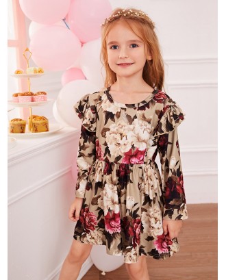 Toddler Girls Large Floral Ruffle Trim Swing A-line Dress