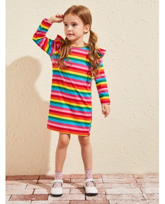 Toddler Girls Rainbow Striped Ruffle Trim Tee Dress