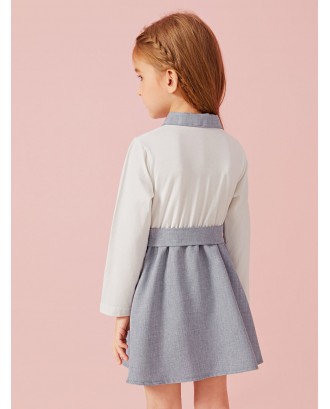 Toddler Girls Contrast Collar Colorblock Belt Dress