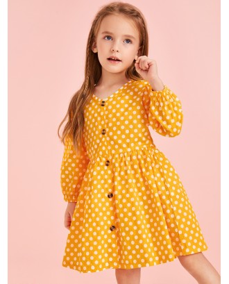 Toddler Girls Polka Dot Button Front Swing Shirt Dress