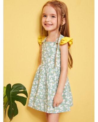 Toddler Girls Ditsy Floral Ruffle Criss-cross Pinafore Dress