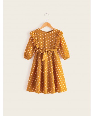Toddler Girls Polka Dot Ruffle Belted A-line Dress